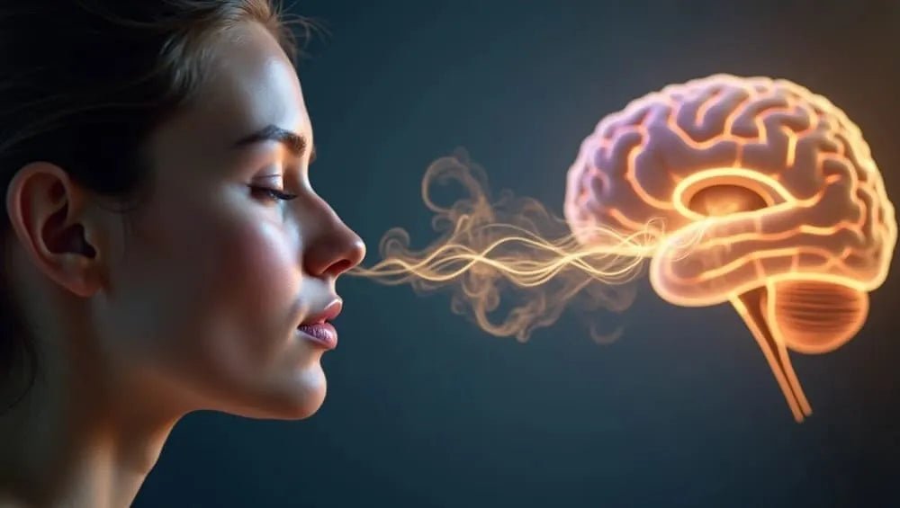 Woman smelling fragrance with glowing brain illustration symbolizing scent and memory connection by Harum.sg