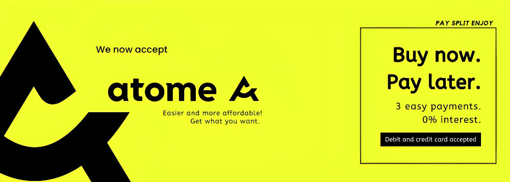 Promotional banner for atome with text and logo on a yellow background