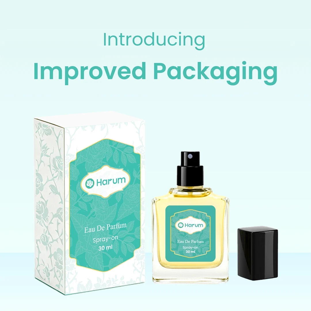 Harum 30ml Eau De Parfum bottle and box with improved packaging design featuring teal floral pattern and black cap