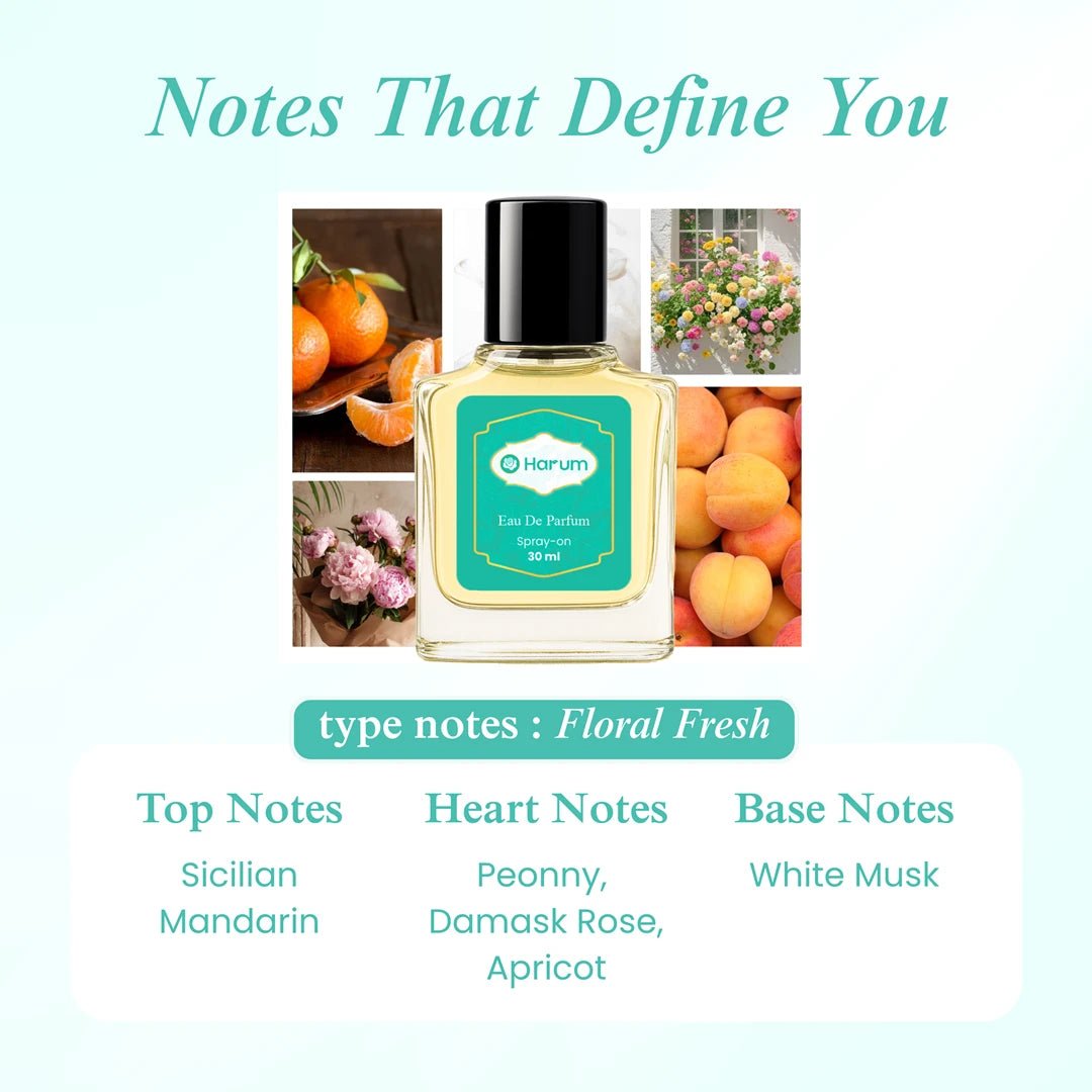 Harum 30ml Bouquet Eau De Parfum bottle with floral fresh scent profile featuring top notes of Sicilian mandarin, heart notes of peony, damask rose, and apricot, and base note of white musk. Displayed with fruit and flower visuals representing each fragrance layer.