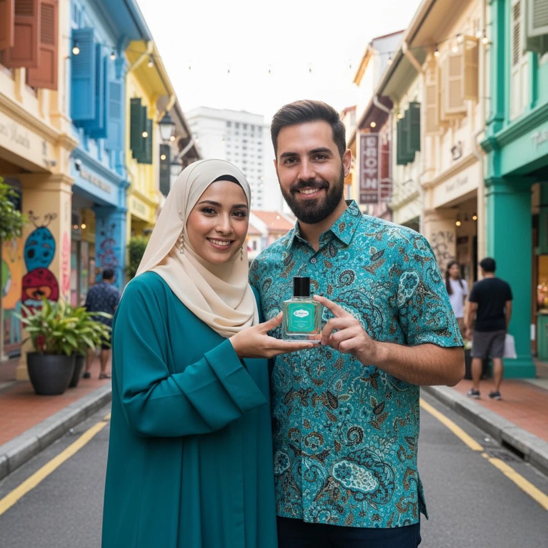 Smiling couple holding Harum perfume bottle on colorful Singapore street, showcasing lifestyle and fragrance branding