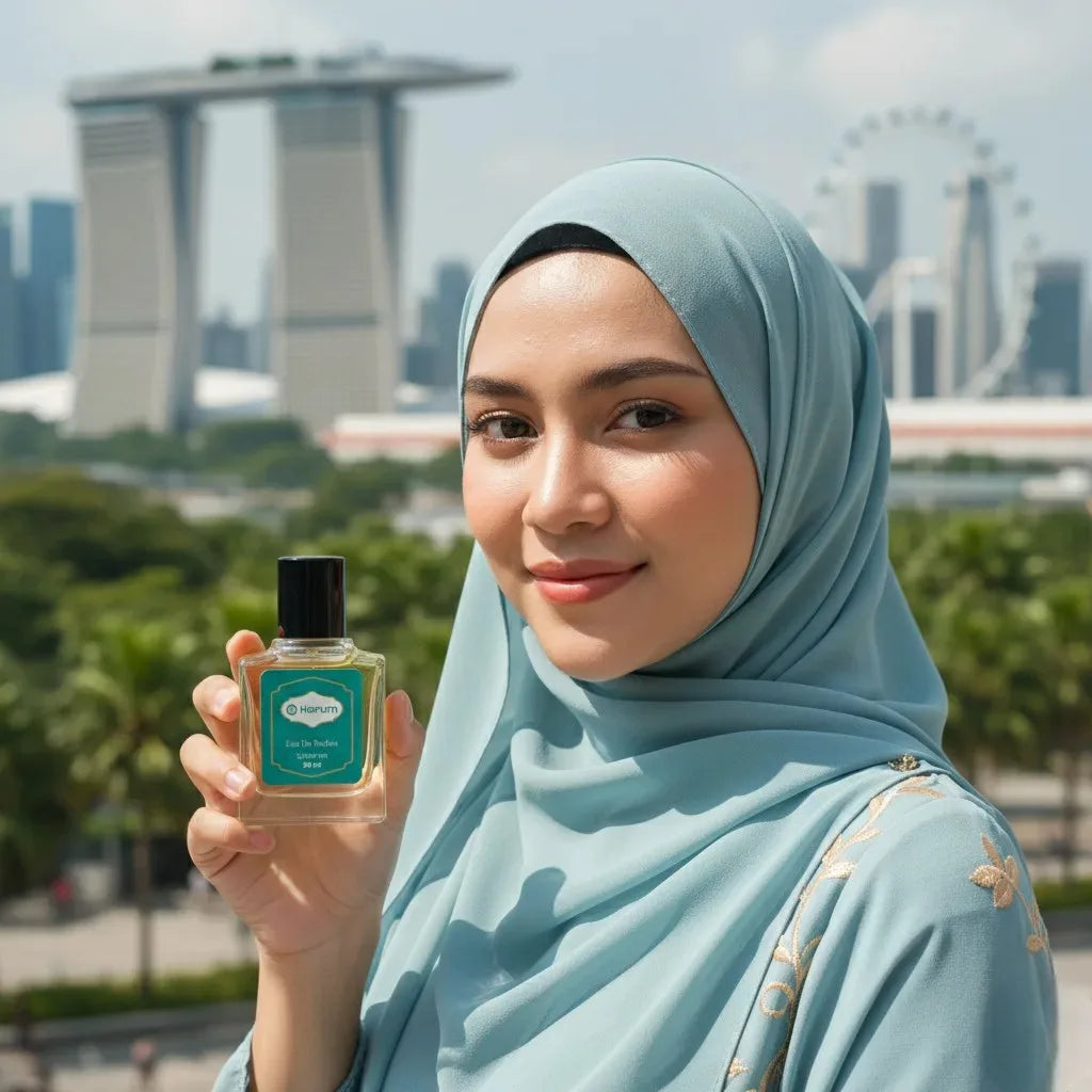 Woman in teal hijab holding Harum 30ml Eau De Parfum bottle with Marina Bay Sands and Singapore Flyer in the background, representing elegance and modern fragrance style.