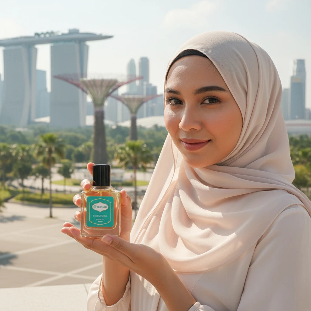Woman in hijab holding Harum 30ml Eau De Parfum bottle with Marina Bay Sands and Supertree Grove in the background, highlighting elegance and confidence.