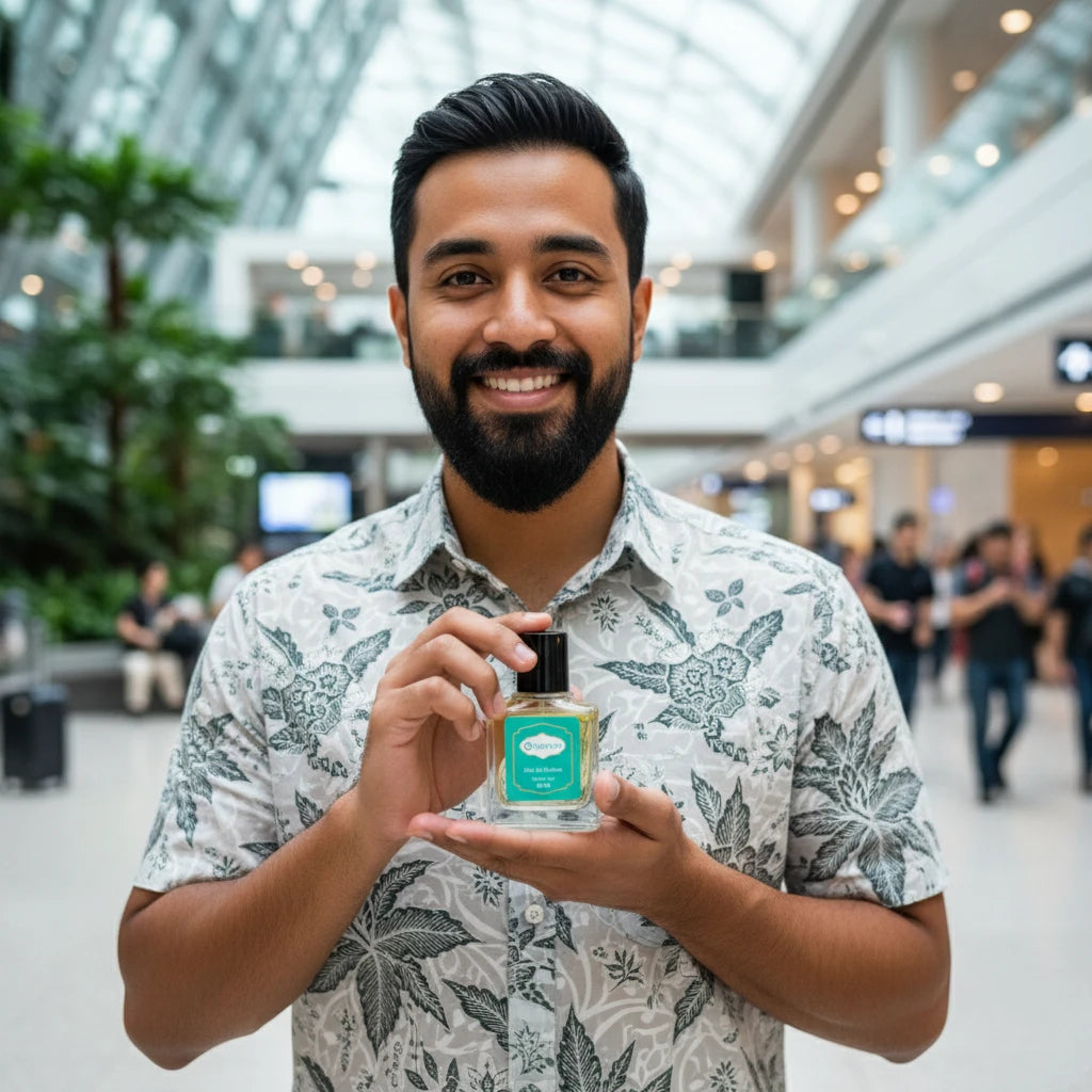 Smiling man holding Harum 30ml Eau De Parfum bottle in modern shopping mall, highlighting elegant and confident lifestyle vibe.