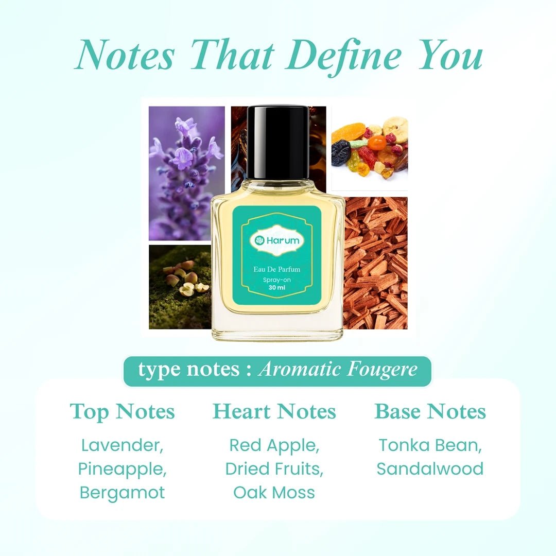 Harum.sg Aromatic Fougere Perfume 30ml — featuring lavender, pineapple, bergamot, red apple, dried fruits, oak moss, tonka bean, and sandalwood fragrance notes.
