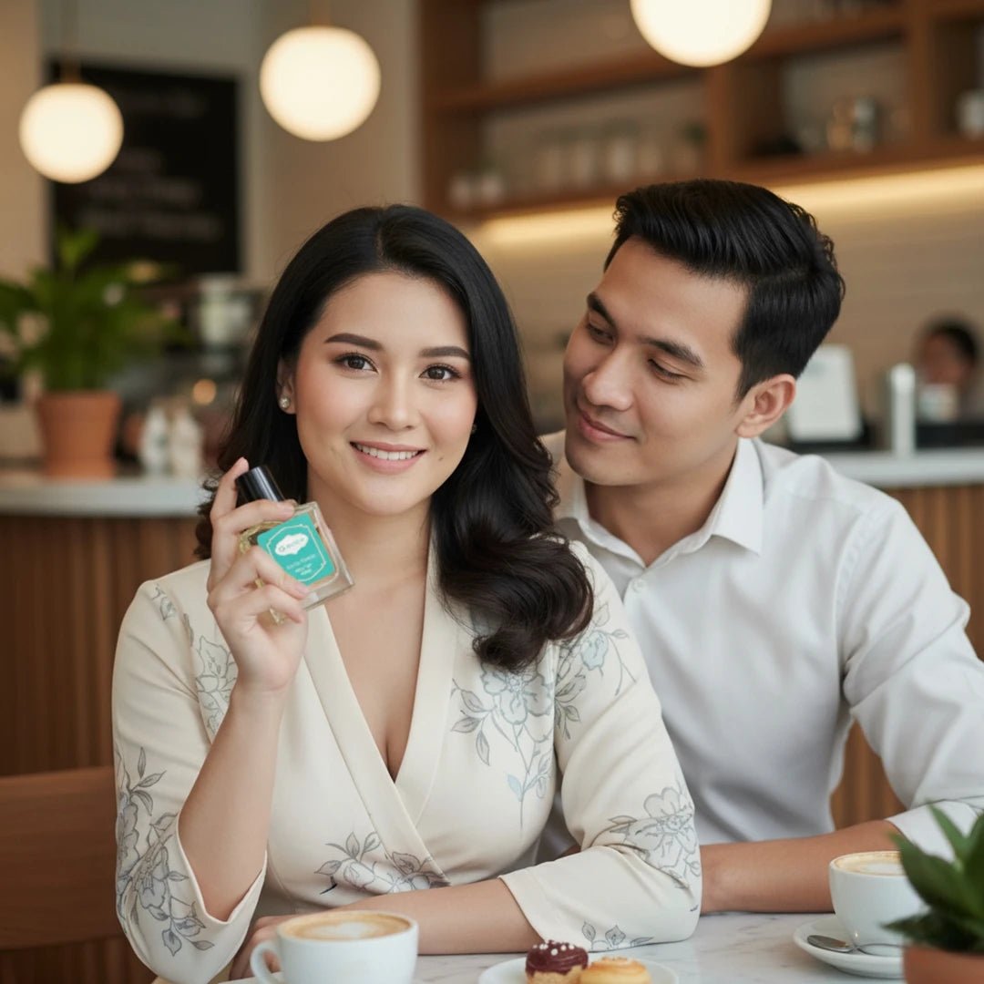 A smiling Malay woman holding a Harum.sg perfume bottle at a café table beside a man who looks at her affectionately. Both are dressed elegantly, surrounded by coffee cups and desserts, creating a warm, romantic, and sophisticated perfume advertisement setting.