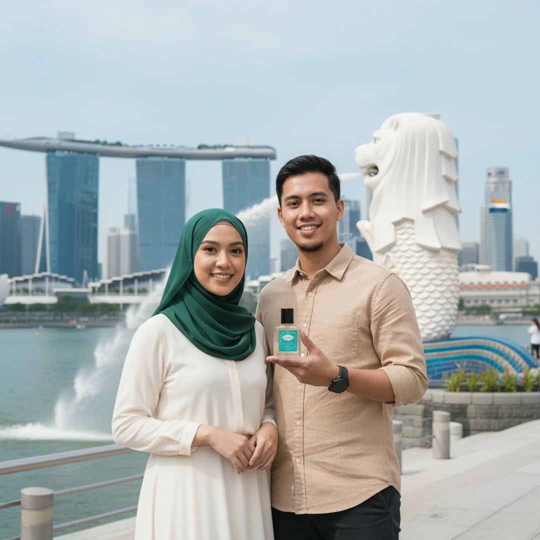 Malay couple smiling and holding Harum.sg unisex perfume bottle near Merlion Park with Marina Bay Sands in the background, Singapore
