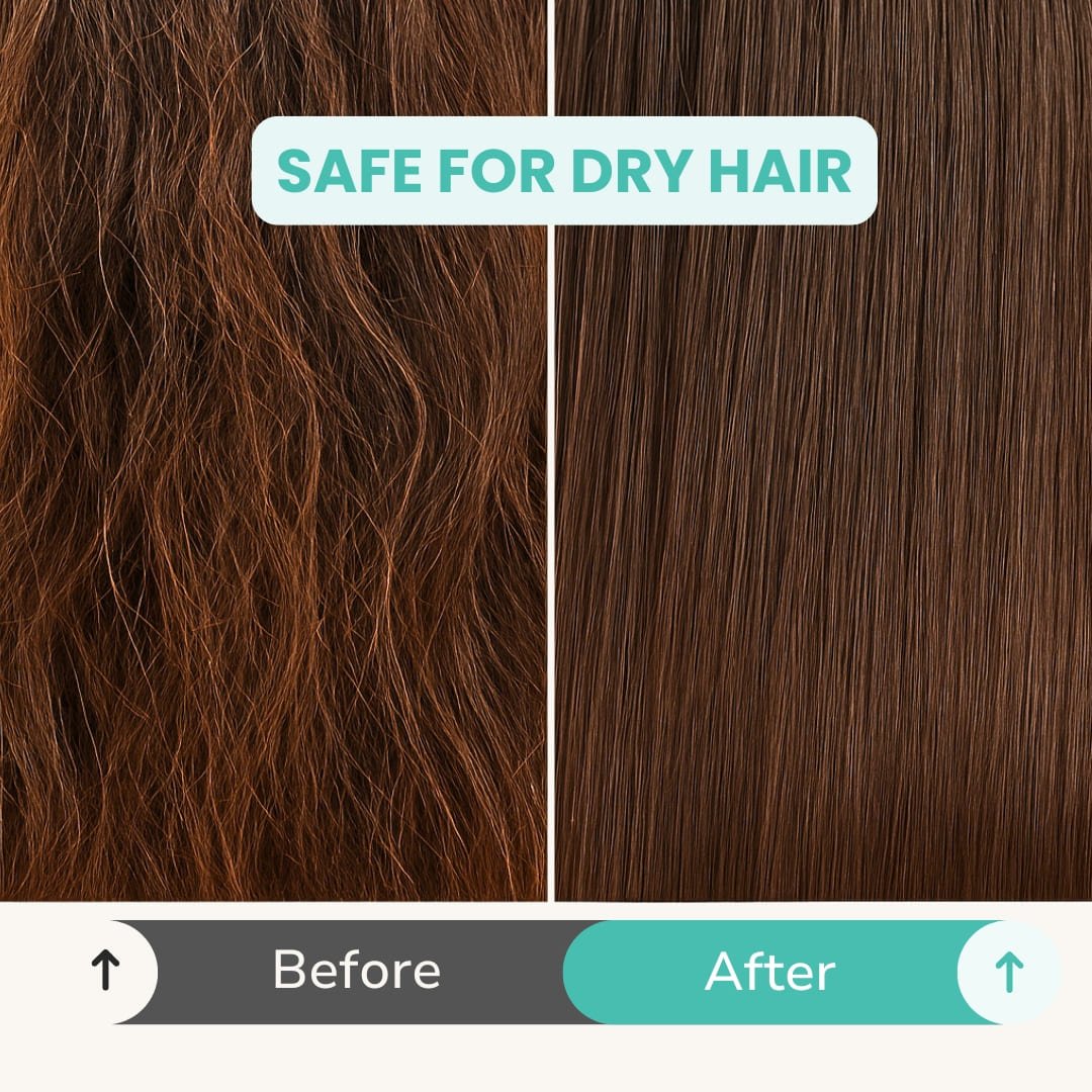 Before and after comparison of dry hair with a label indicating safety for dry hair.