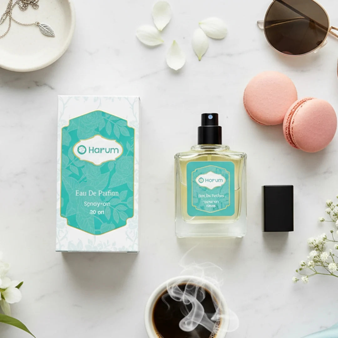 Harum.sg Eau De Parfum 30ml perfume bottle and box flat lay with coffee, macarons, and sunglasses – elegant lifestyle fragrance scene