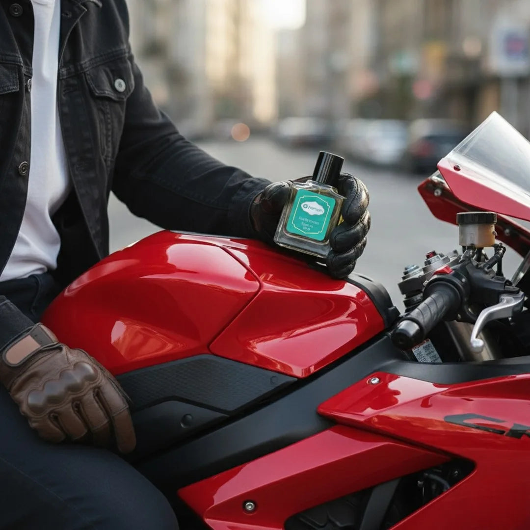 Man in black jacket holding Harum.sg perfume bottle on red motorcycle in urban street, showcasing masculine fragrance style