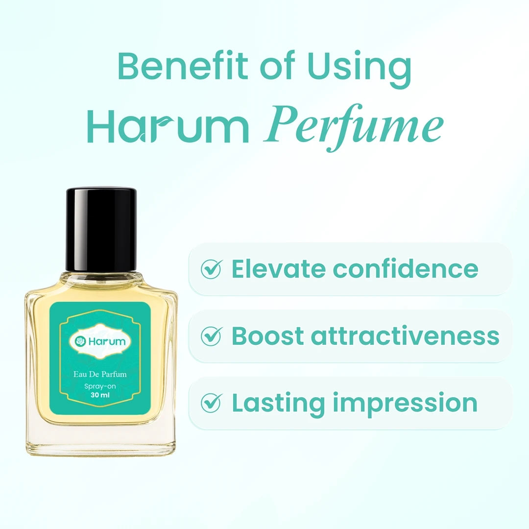 Harum perfume bottle with text showing benefits such as elevating confidence, boosting attractiveness, and creating a lasting impression
