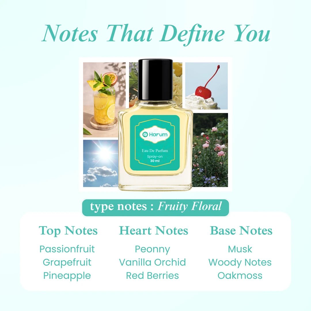 Harum.sg Signature fruity floral perfume 30ml with notes of passionfruit, grapefruit, pineapple, peony, vanilla orchid, red berries, musk, woody notes, and oakmoss – halal-friendly premium Eau de Parfum in Singapore