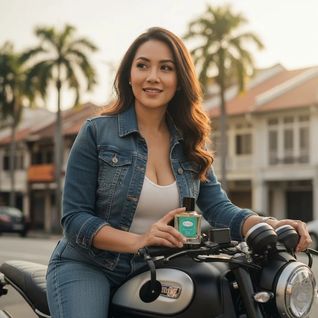 Confident woman sitting on motorcycle holding Harum.sg 30ml halal-friendly perfume bottle outdoors during golden hour