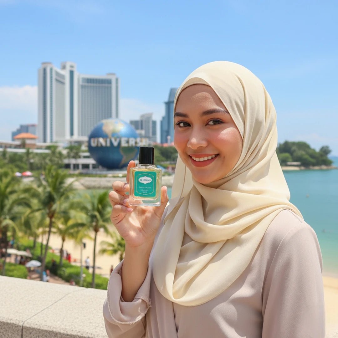 A smiling woman in a beige hijab holding a Harum.sg perfume bottle at Universal Studios Singapore with clear blue sky and palm trees in the background.