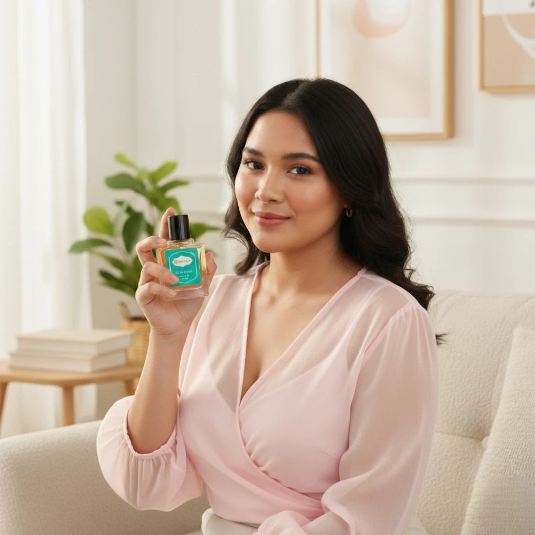 Woman in soft pink blouse holding Harum.sg perfume bottle while smiling in cozy home setting, showcasing feminine fragrance style