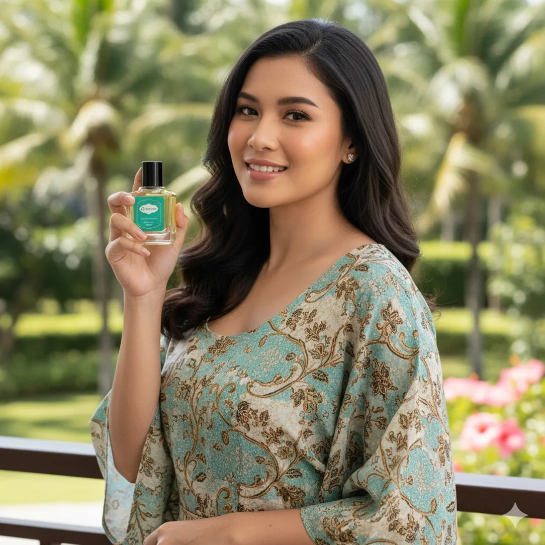 Smiling woman holding Harum.sg Signature perfume bottle outdoors in natural sunlight with tropical background