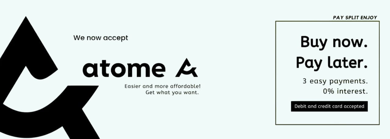 Promotional banner for atome with text and logo on a yellow background