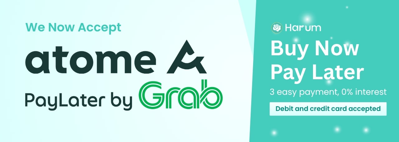 Promotional banner for atome PayLater by Grab with branding and text on a white and teal background.