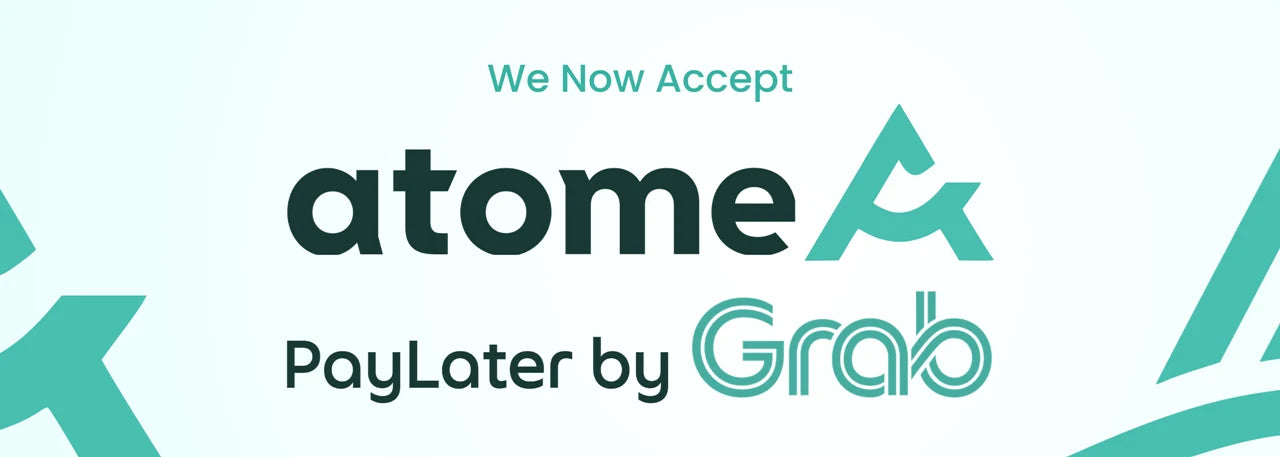 Promotional banner for atome PayLater by Grab with branding and text on a white and teal background.