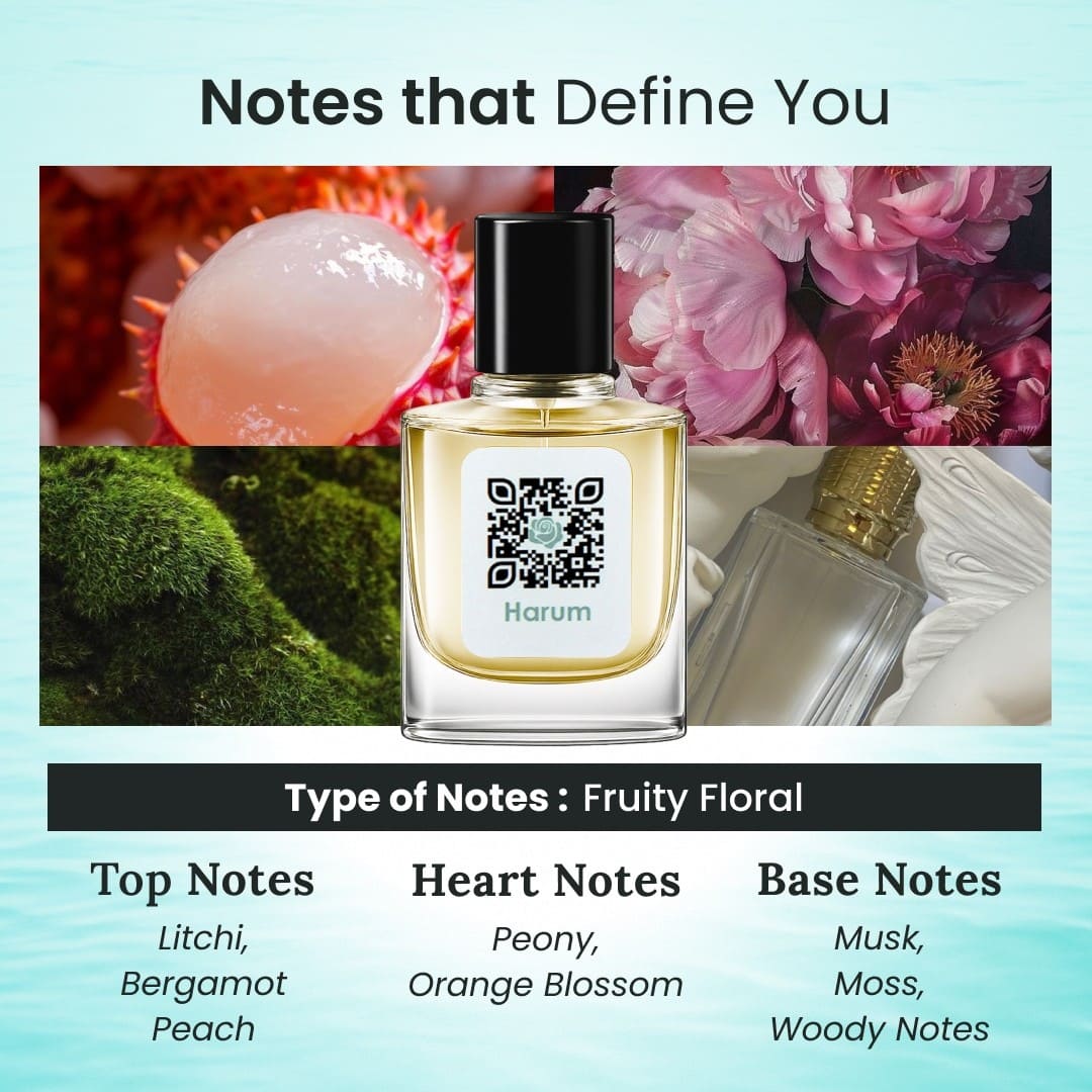 Perfume bottle with floral and natural elements on a light blue background