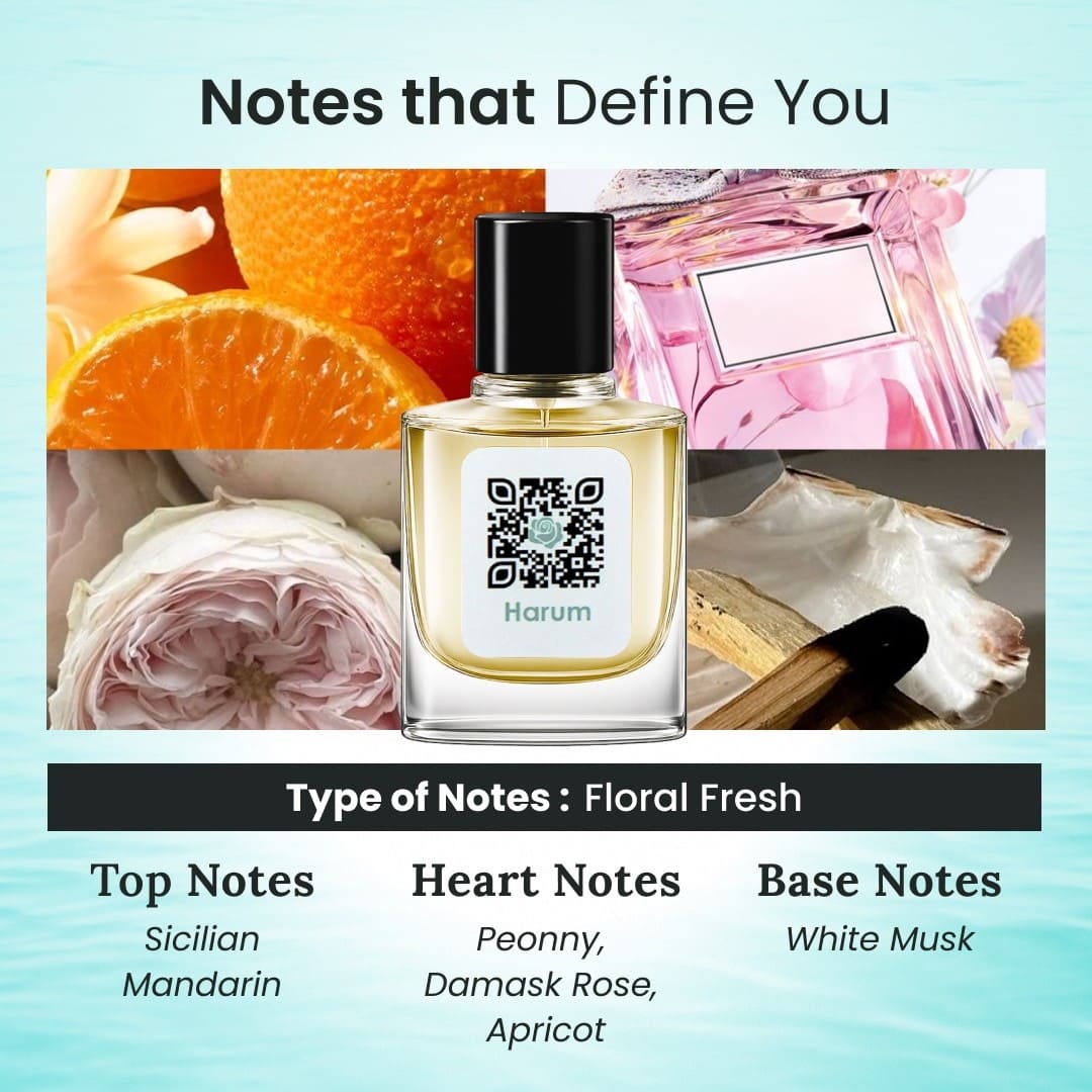 Perfume bottle with floral and fruit elements on a light blue background