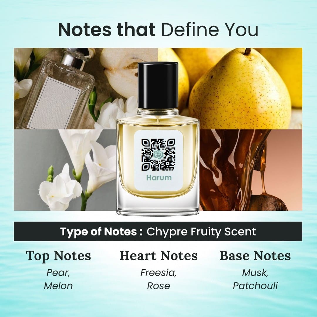 Perfume bottle with floral and fruit background, featuring Harum brand.