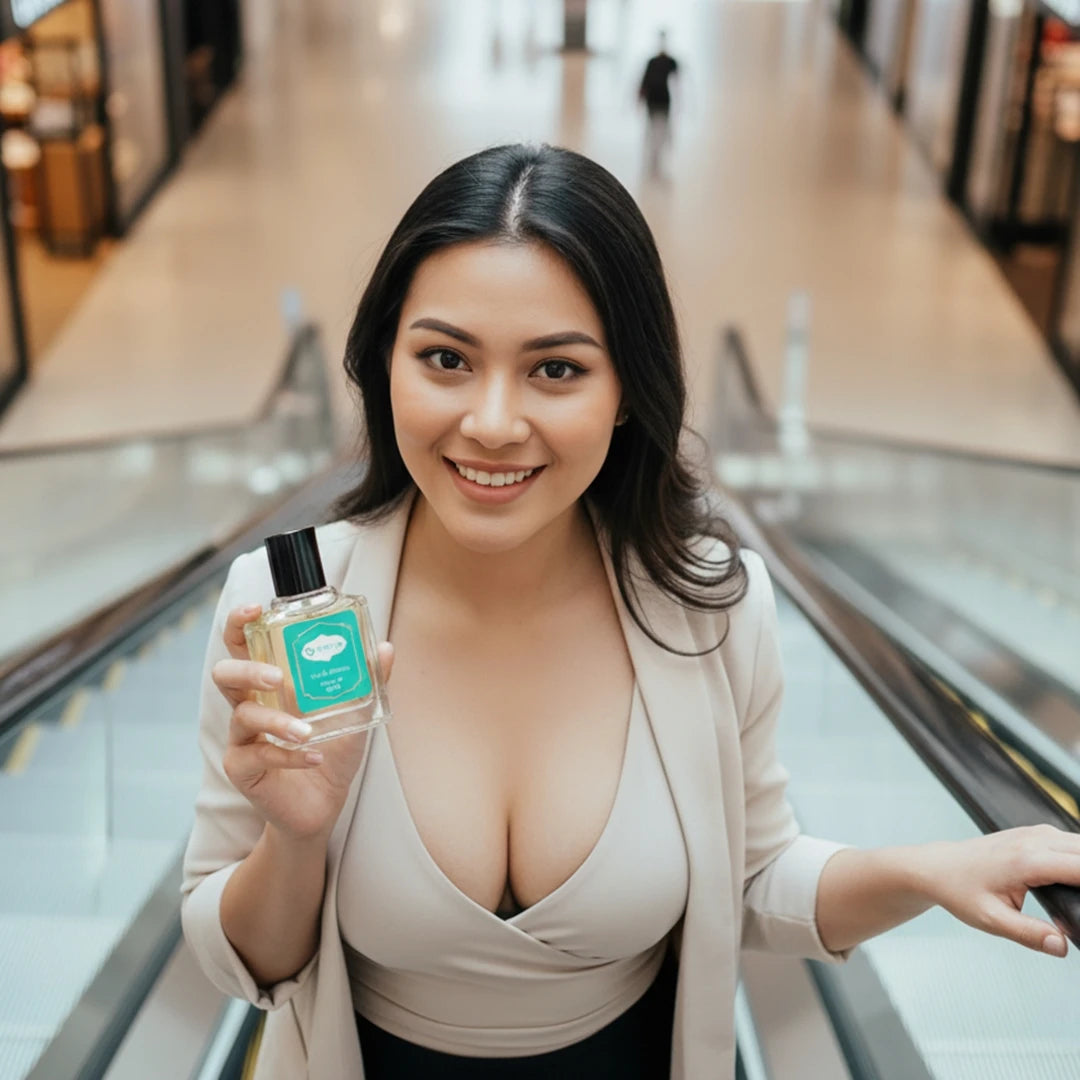 Malay woman smiling while holding Harum.sg teal perfume bottle on escalator inside shopping mall