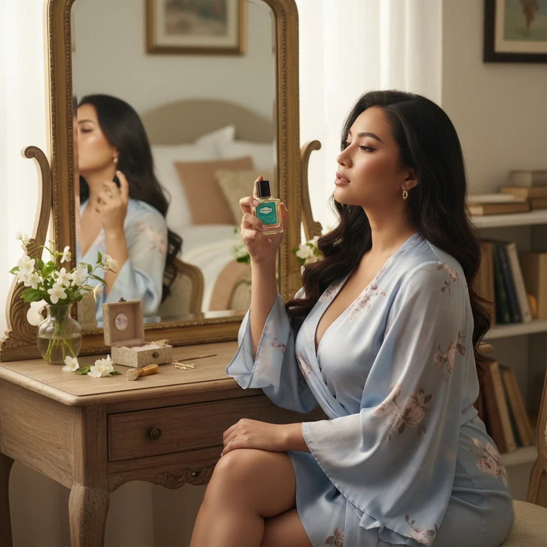 Elegant woman in light blue robe applying Harum.sg perfume at vanity table in soft natural lighting