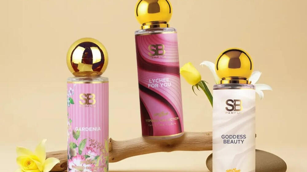 Three bottles of SugarBomb inspired perfumes, including Gardenia and Goddess Beauty, from the official headquarters and distribution team supplying Singapore.