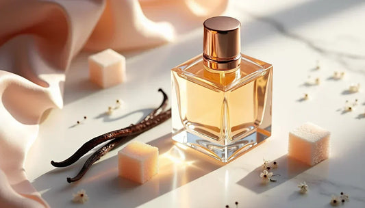 Elegant gold-capped perfume bottle styled with vanilla pods and soft pink silk fabric in natural sunlight.