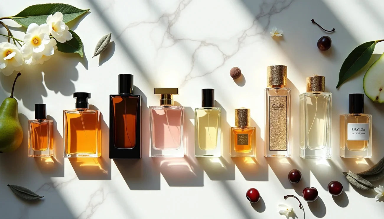A row of various luxury perfume bottles on a white marble background with ingredients like pears, cherries, and white flowers, representing different fragrance concentrations.