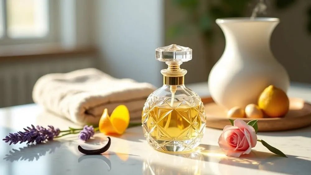 Luxury Harum.sg perfume bottle with floral and citrus notes surrounded by rose, lavender, and orange peel on a bright marble surface