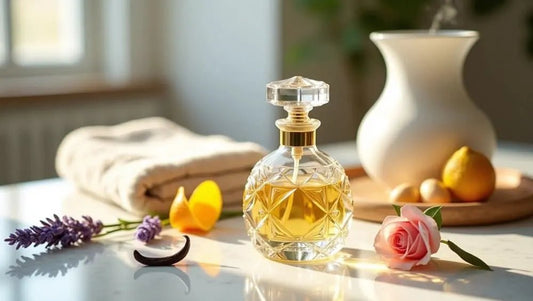 Luxury Harum.sg perfume bottle with floral and citrus notes surrounded by rose, lavender, and orange peel on a bright marble surface