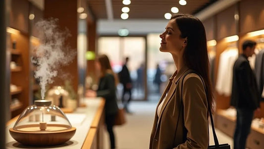 Woman enjoying aroma in a modern Harum.sg perfume boutique in Singapore with elegant diffuser and warm lighting