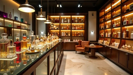 Elegant interior of Harum.sg luxury perfume boutique in Singapore featuring glass perfume bottles, warm lighting, and premium display shelves