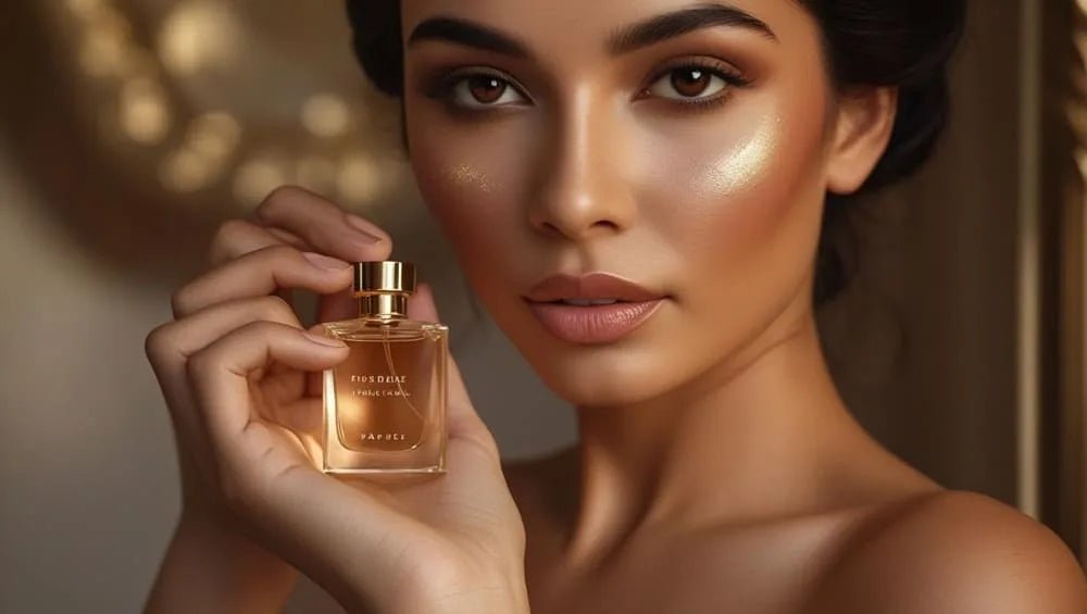 Elegant woman with glowing skin holding a Harum.sg luxury perfume bottle in a warm golden light