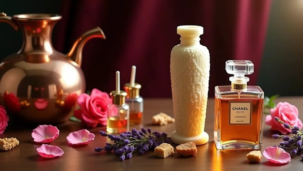 Elegant Harum.sg oriental floral perfume display with roses, lavender, and gold accessories on a wooden table under warm lighting