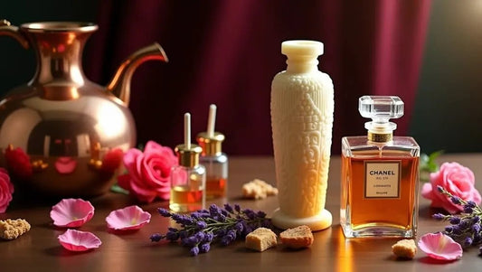 Elegant Harum.sg oriental floral perfume display with roses, lavender, and gold accessories on a wooden table under warm lighting