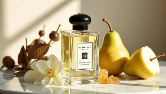 Luxury Harum.sg pear and floral perfume flatlay with fresh pears, white blossoms, and golden fragrance bottle under soft sunlight