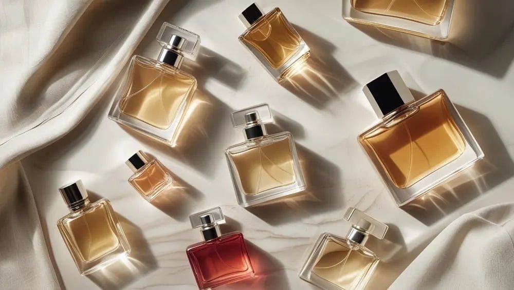 Flatlay of luxury perfume bottles from Harum.sg arranged on soft fabric with elegant golden tones