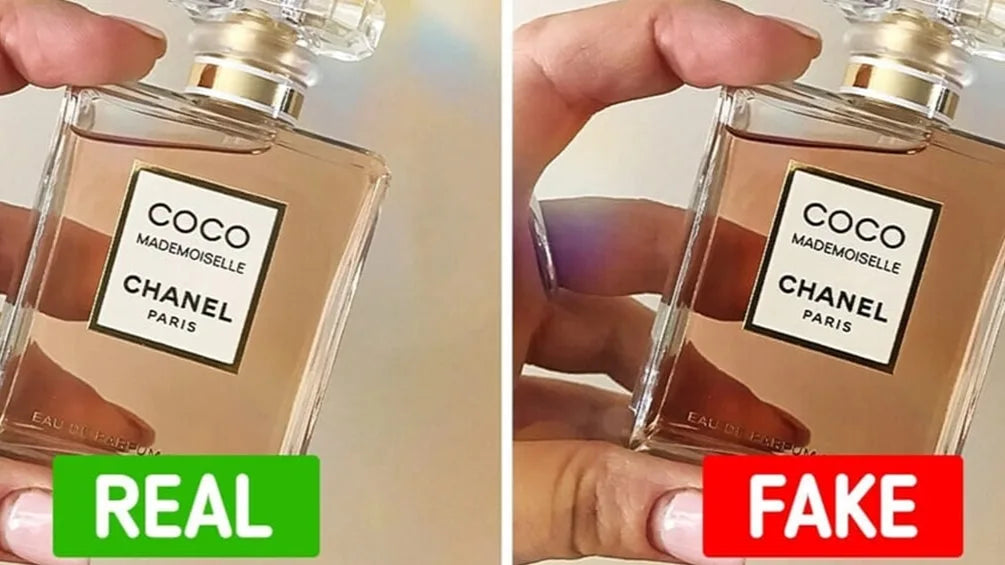 Side-by-side comparison showing real and fake perfume bottles to help Harum.sg customers identify authentic fragrances