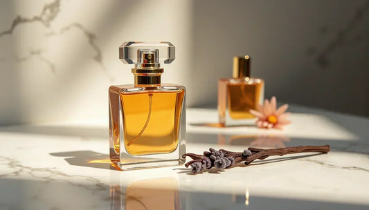 Elegant square glass perfume bottle with amber-colored liquid on a white marble surface, featuring a lavender sprig and natural sunlight shadows.