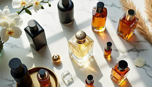 An overhead view of a luxury perfume collection featuring matte black and amber glass bottles on a marble surface with white orchids.