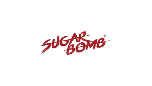Official SugarBomb perfume logo in red script font on a white background, featured partner of Harum SG.