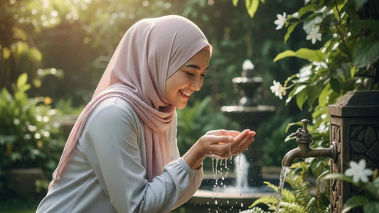 Woman in a hijab washing her hands by a water faucet in a garden.