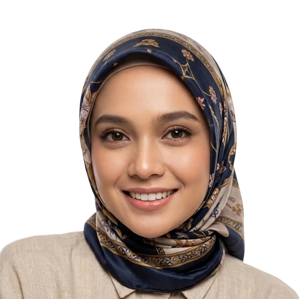 Ayumi, a team member at Harum SG, wearing a decorative navy blue and beige patterned hijab and a light beige linen shirt against a plain white background.