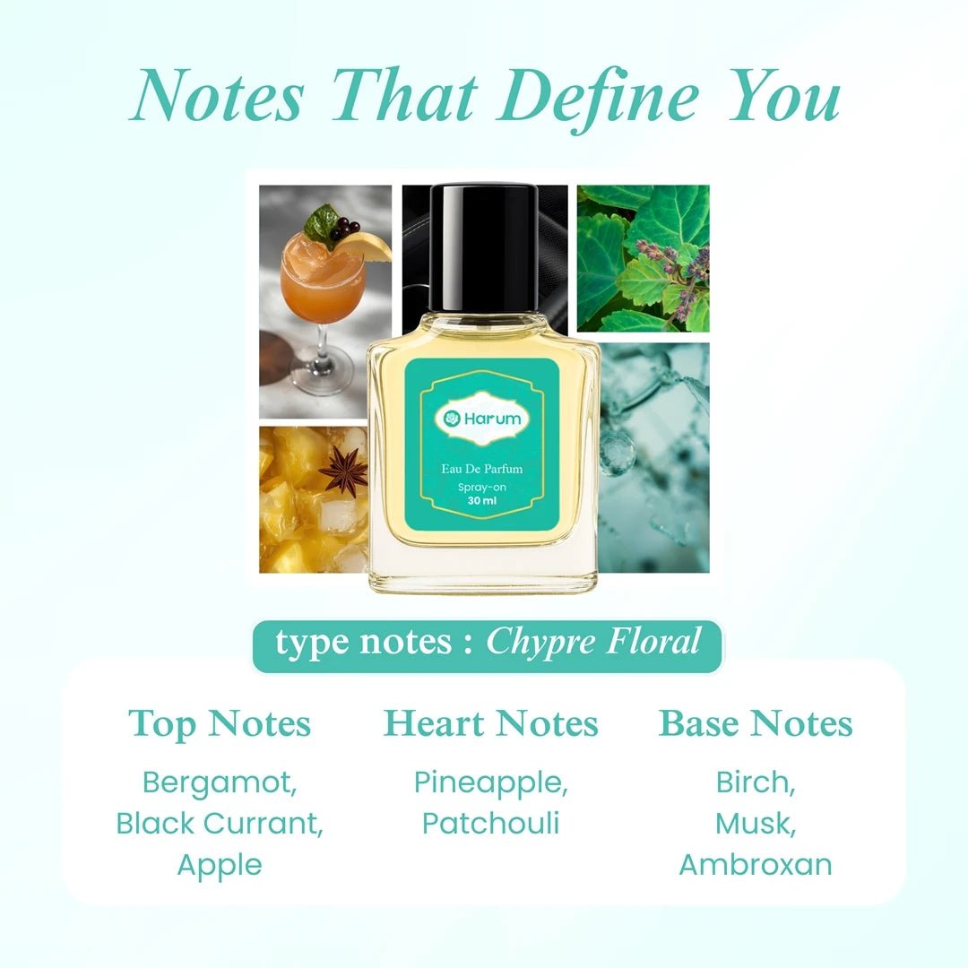 Harum 30ml Eau De Parfum with chypre floral scent featuring top notes of bergamot, black currant, apple, heart notes of pineapple and patchouli, and base notes of birch, musk, and ambroxan.