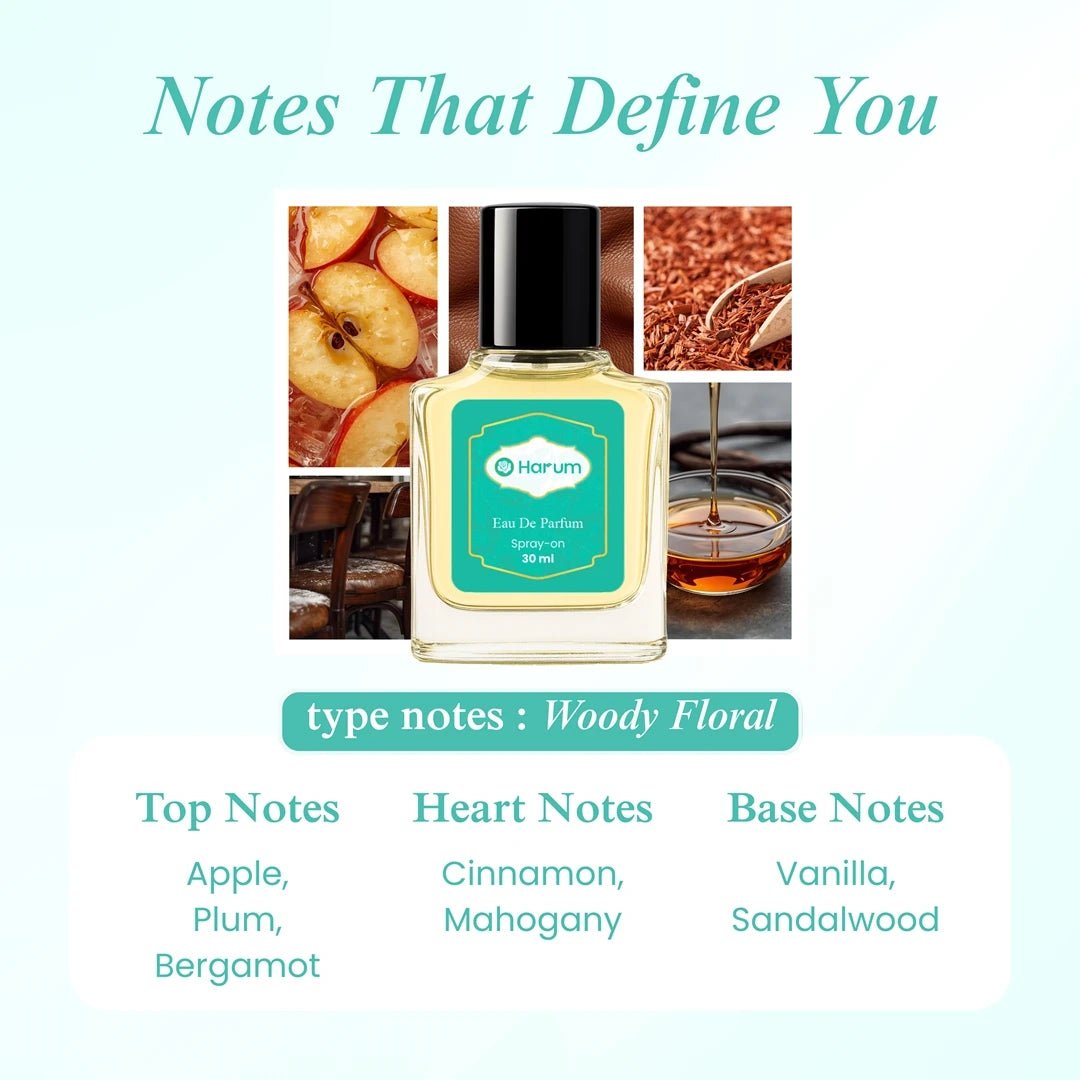 Harum 30ml Eau De Parfum with woody floral scent featuring top notes of apple, plum, bergamot, heart notes of cinnamon and mahogany, and base notes of vanilla and sandalwood.