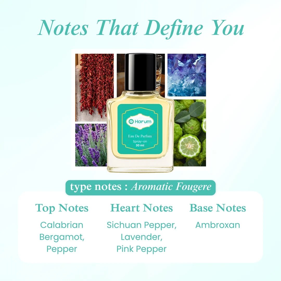 Harum 30ml Eau De Parfum with aromatic fougere scent featuring top notes of Calabrian bergamot and pepper, heart notes of Sichuan pepper, lavender, pink pepper, and base note of ambroxan.