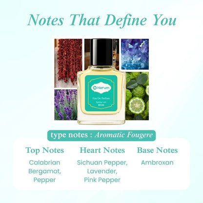 Harum 30ml Eau De Parfum with aromatic fougere scent featuring top notes of Calabrian bergamot and pepper, heart notes of Sichuan pepper, lavender, pink pepper, and base note of ambroxan.